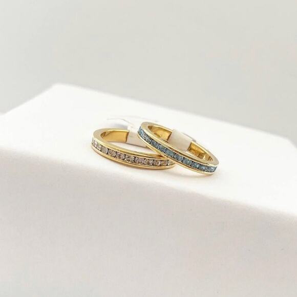 NWT 3mm Size 6 Gold Plated Diamond & Aquamarine Crystal Eternity Rings - Picture 1 of 1